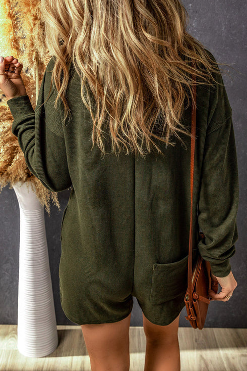 Brushed Ribbed Button Split V Neck Long Sleeve Romper